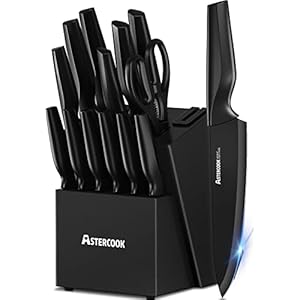 Astercook Knife Set, Kitchen Knife Set with Built-in Sharpener Block, Dishwasher Safe, 15 Pieces German Stainless Steel Knife Block Set, Black