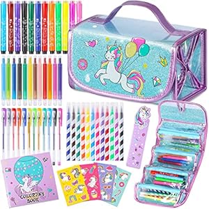 Unicorns Gifts for Girls 5 6 7 8 9 Year Old, Coloring Markers Set with Unicorn Pencil Case, Unicorn Art Supplies for Art Coloring, Craft Drawing Toy for Ages 6-8 Girls Birthday Christmas Easter